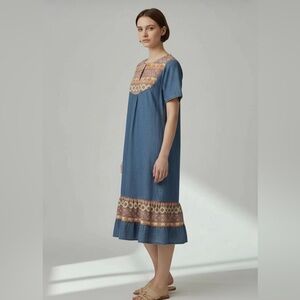 Denim Mumu House Patio Dress Midi Aztec‎ Navajo Vintage 90s Grunge Large Womens